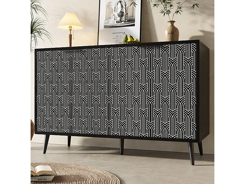 Buffet moderne avec 4 portes sculptées - 120 x 35 x 78 cm - MDF - pour salle à manger et salon, Noir