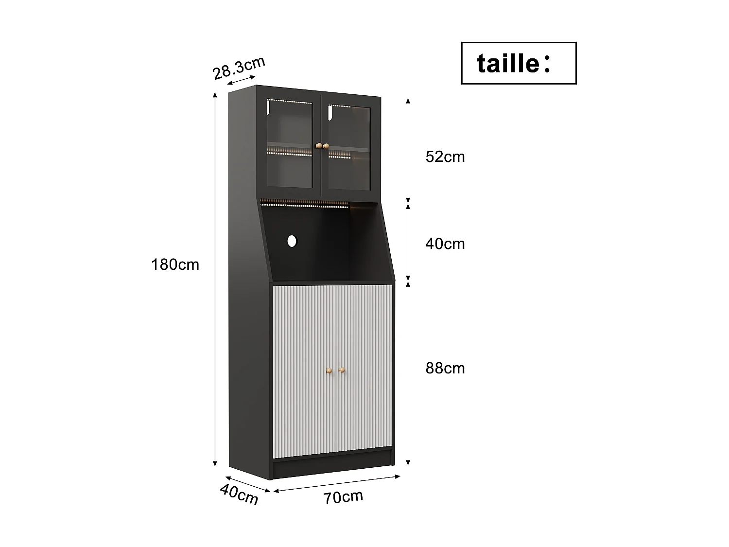 Aparador Alto, con Encimera y 4 Compartimentos, con LED, 40 X 70 X 180 Cm, Negro