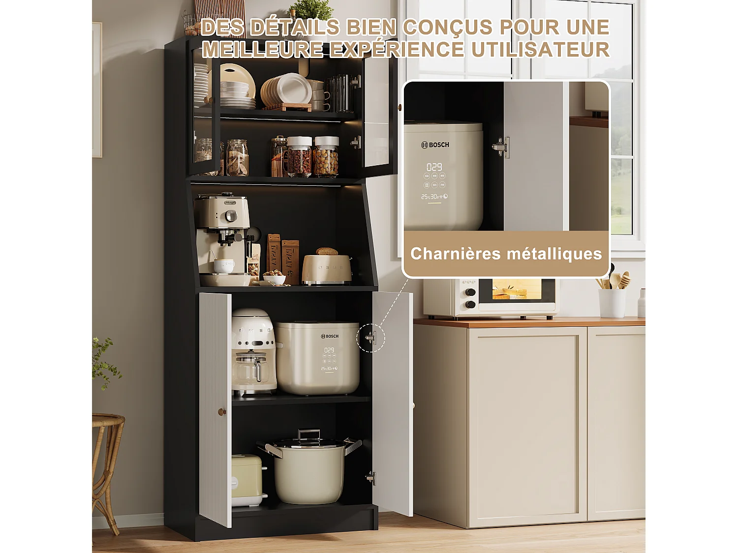 Buffet Haut, avec Plan de Travail et 4 Compartiments de Rangement, avec LED, 40 X 70 X 180 Cm, Noir