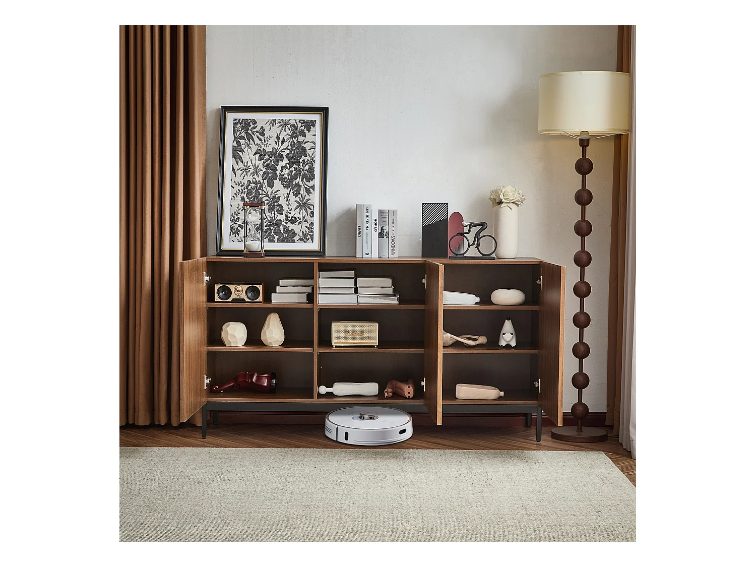 Buffet à 3 portes - En bois de chêne foncé veiné - Pour salon, salle à manger - 150 x 40 x 80 cm