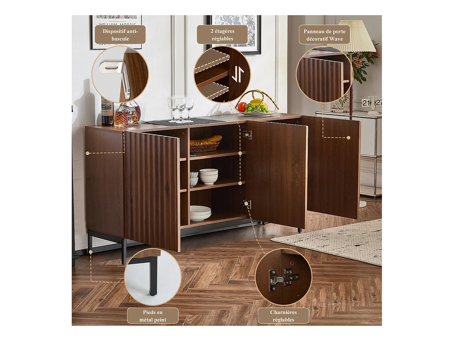 Buffet à 3 portes - En bois de chêne foncé veiné - Pour salon, salle à manger - 150 x 40 x 80 cm