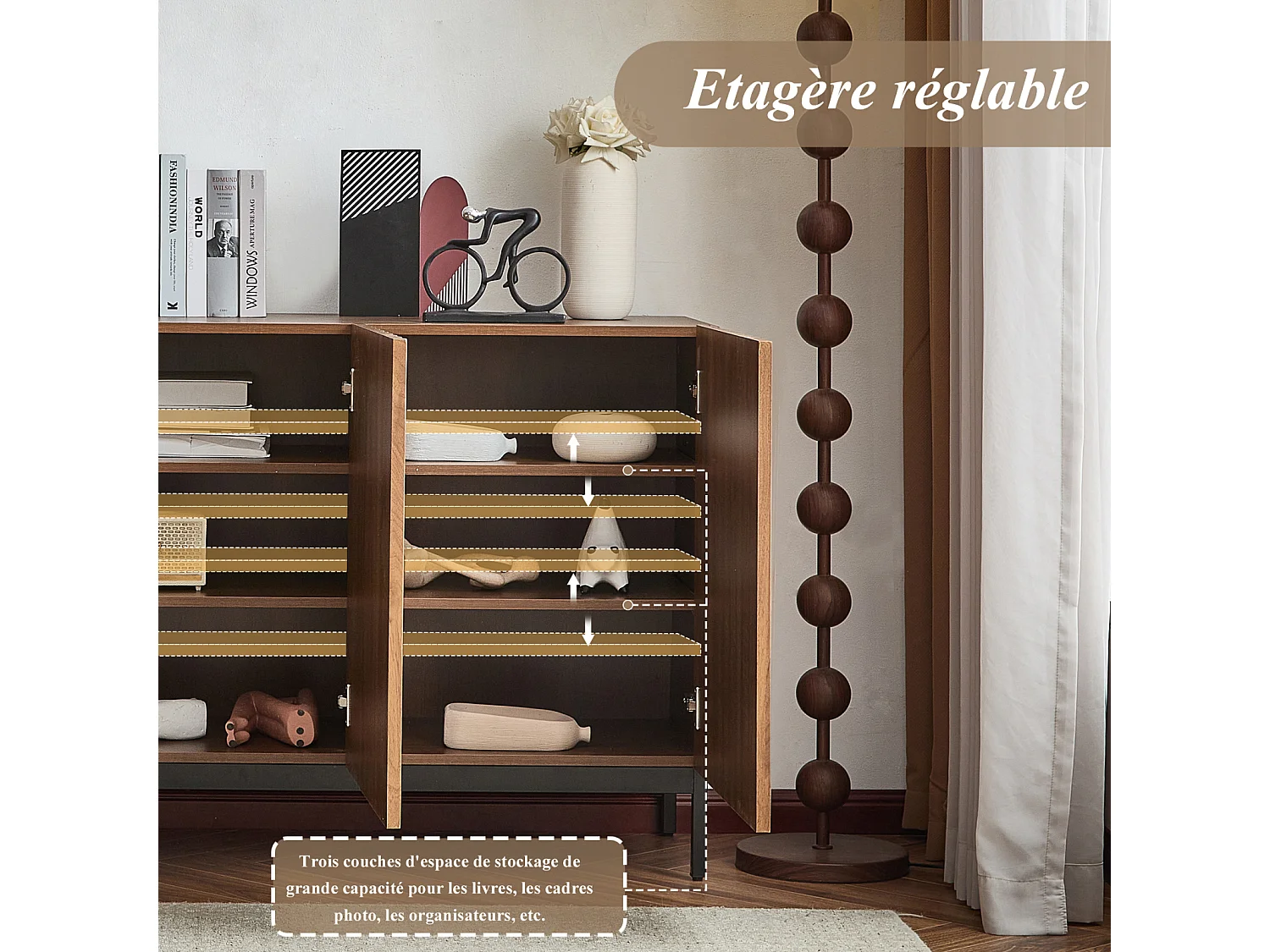 3-deurs dressoir - Donker geaderd eikenhout - Voor woonkamer, eetkamer - 150 x 40 x 80 cm