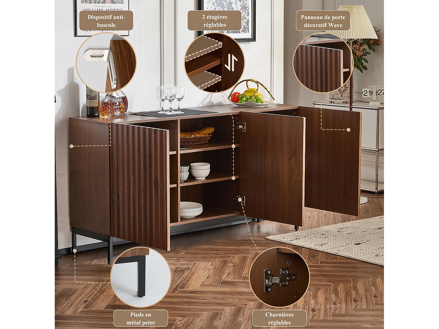 3-deurs dressoir - Donker geaderd eikenhout - Voor woonkamer, eetkamer - 150 x 40 x 80 cm