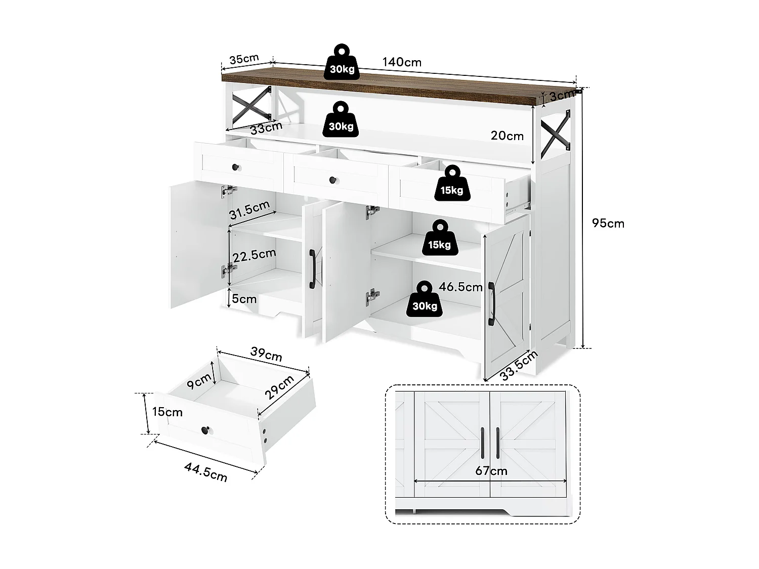 140 cm Dressoir met opbergruimte, koffiebar met 3 lades, geschikt voor keuken, wit