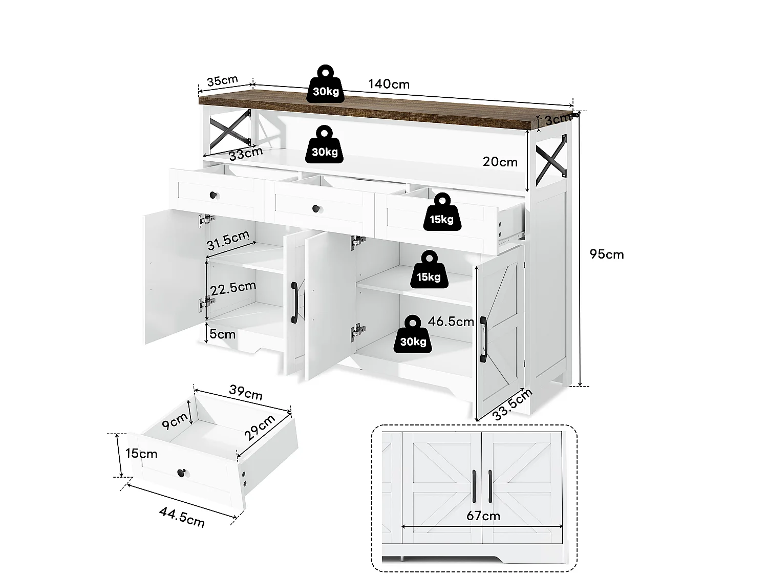 Buffet de 140 cm avec espace de rangement, bar à café avec 3 tiroirs, convient pour cuisine, Blanc