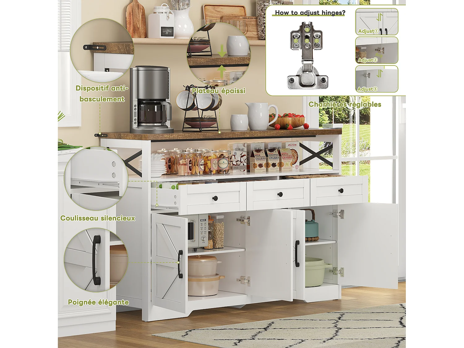 Buffet de 140 cm avec espace de rangement, bar à café avec 3 tiroirs, convient pour cuisine, Blanc