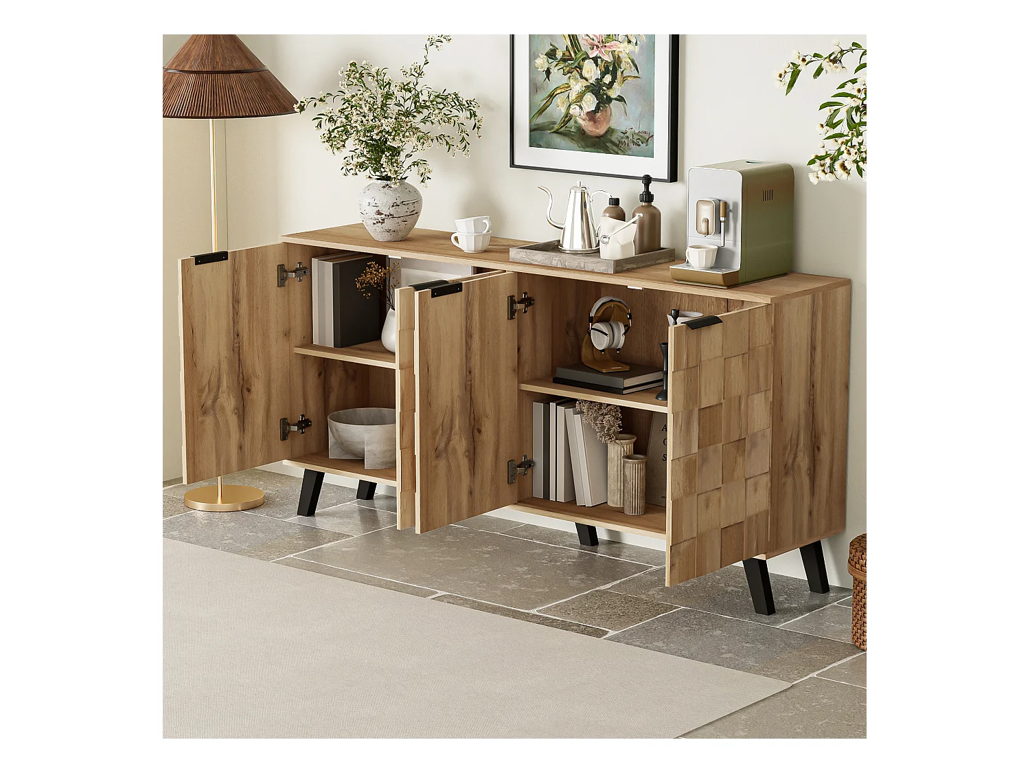 Buffet Salon avec 4 Portes, Armoire de Salon avec Pieds d'Armoire en PVC