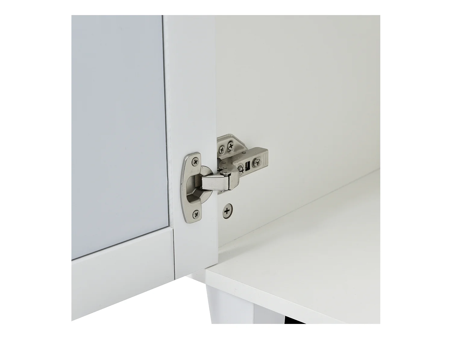 Aparador elegante con espejo blanco, versátil, 4 puertas y estante ajustable.