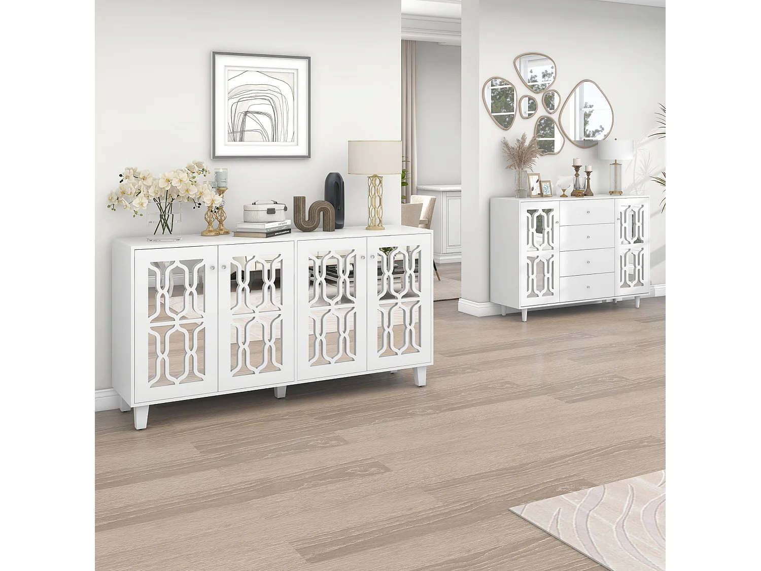 Buffet élégant avec Miroir Blanc, Buffet Polyvalent – 4 Portes, étagère Réglable