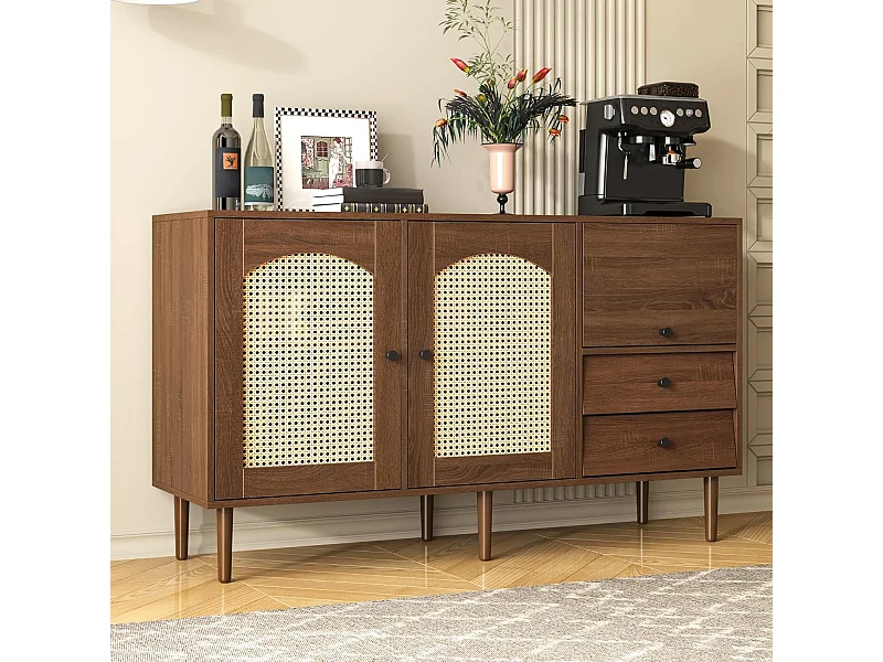 Buffet avec insert en rotin, avec 3 portes et 2 tiroirs irréguliers, 130 x 40 x 75,5 cm, Bois foncé