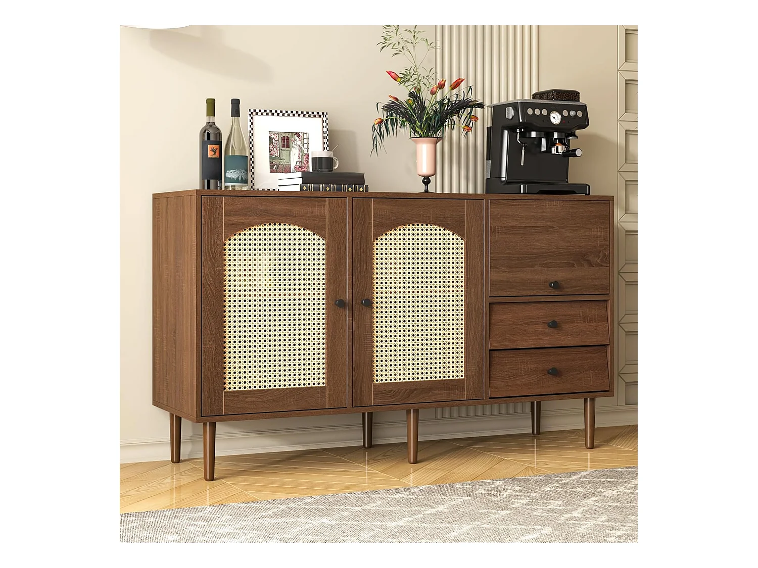 Buffet avec insert en rotin, avec 3 portes et 2 tiroirs irréguliers, 130 x 40 x 75,5 cm, Bois foncé