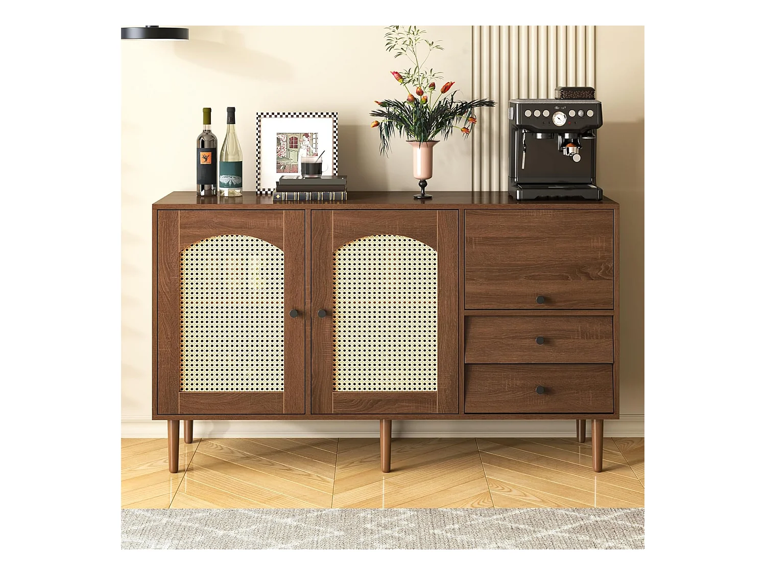 Buffet avec insert en rotin, avec 3 portes et 2 tiroirs irréguliers, 130 x 40 x 75,5 cm, Bois foncé