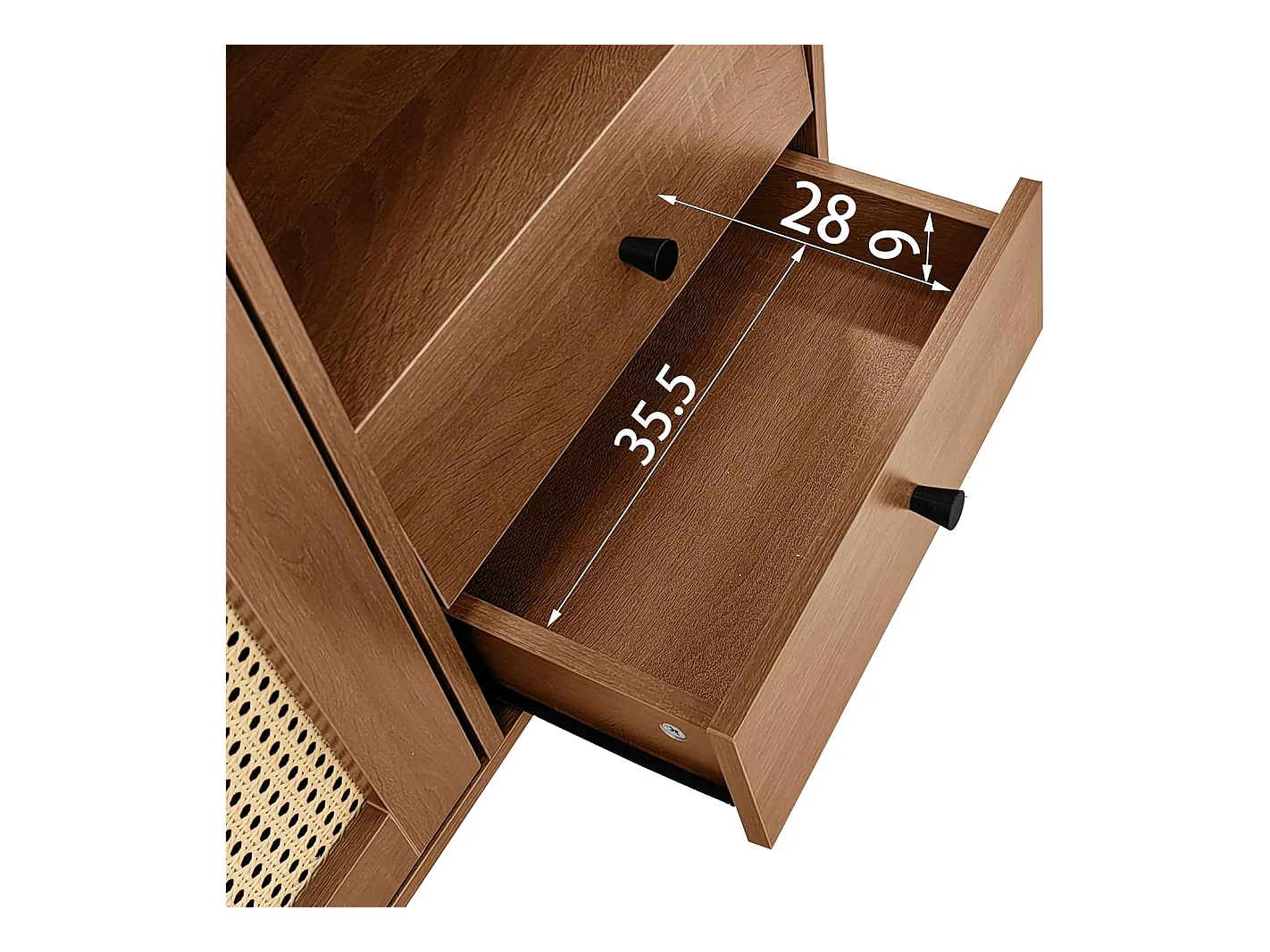 Buffet avec insert en rotin, avec 3 portes et 2 tiroirs irréguliers, 130 x 40 x 75,5 cm, Bois foncé