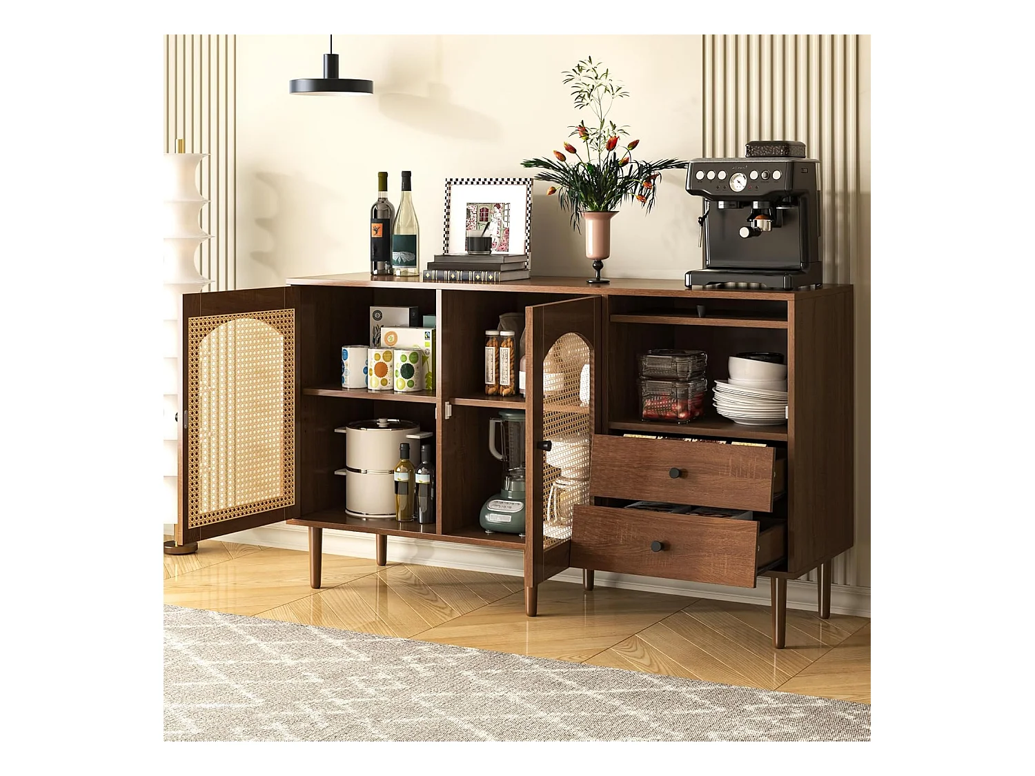 Buffet avec insert en rotin, avec 3 portes et 2 tiroirs irréguliers, 130 x 40 x 75,5 cm, Bois foncé