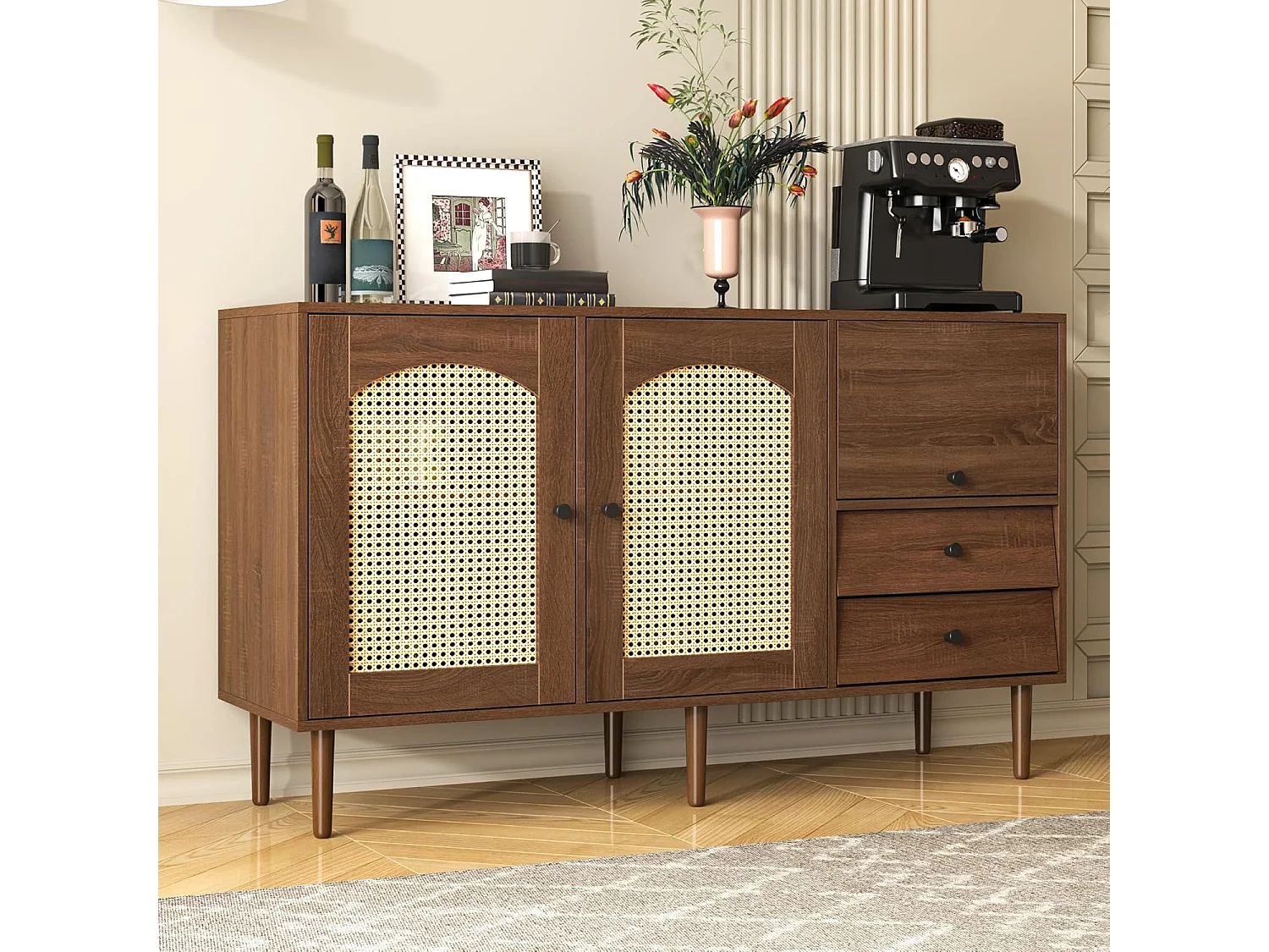 Buffet avec insert en rotin, avec 3 portes et 2 tiroirs irréguliers, 130 x 40 x 75,5 cm, Bois foncé