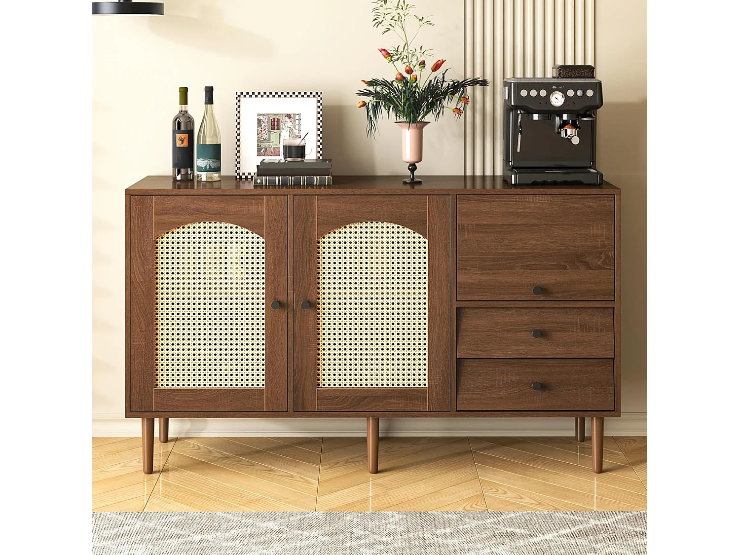 Buffet avec insert en rotin, avec 3 portes et 2 tiroirs irréguliers, 130 x 40 x 75,5 cm, Bois foncé
