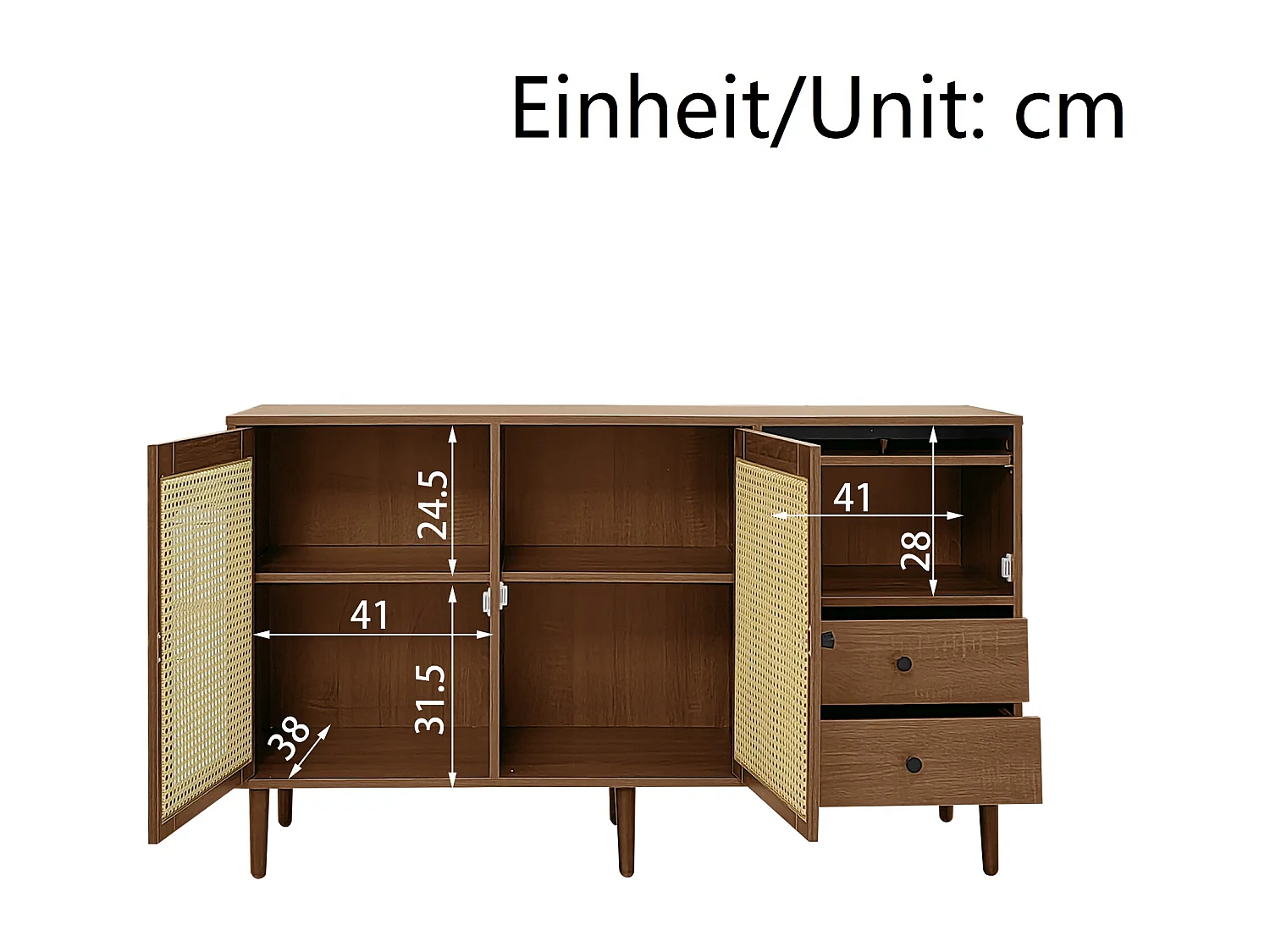 Buffet avec insert en rotin, avec 3 portes et 2 tiroirs irréguliers, 130 x 40 x 75,5 cm, Bois foncé