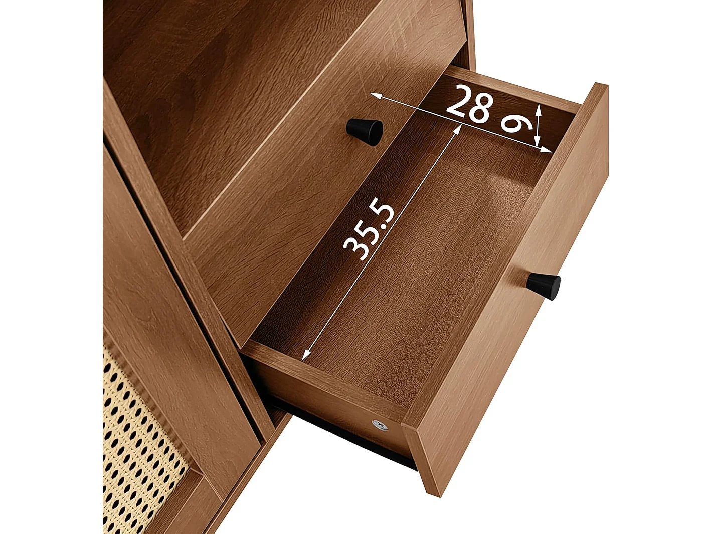 Buffet avec insert en rotin, avec 3 portes et 2 tiroirs irréguliers, 130 x 40 x 75,5 cm, Bois foncé