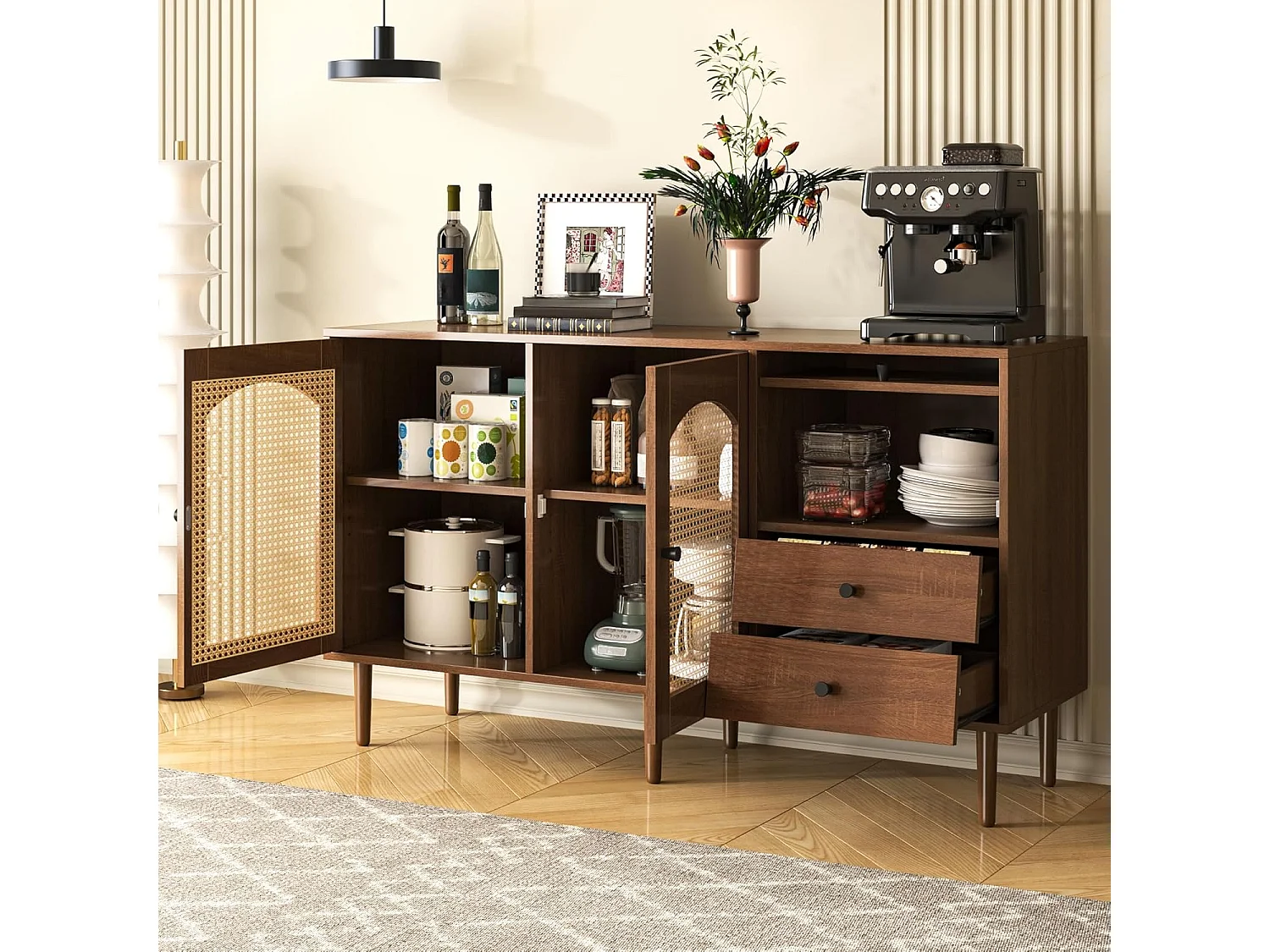 Buffet avec insert en rotin, avec 3 portes et 2 tiroirs irréguliers, 130 x 40 x 75,5 cm, Bois foncé