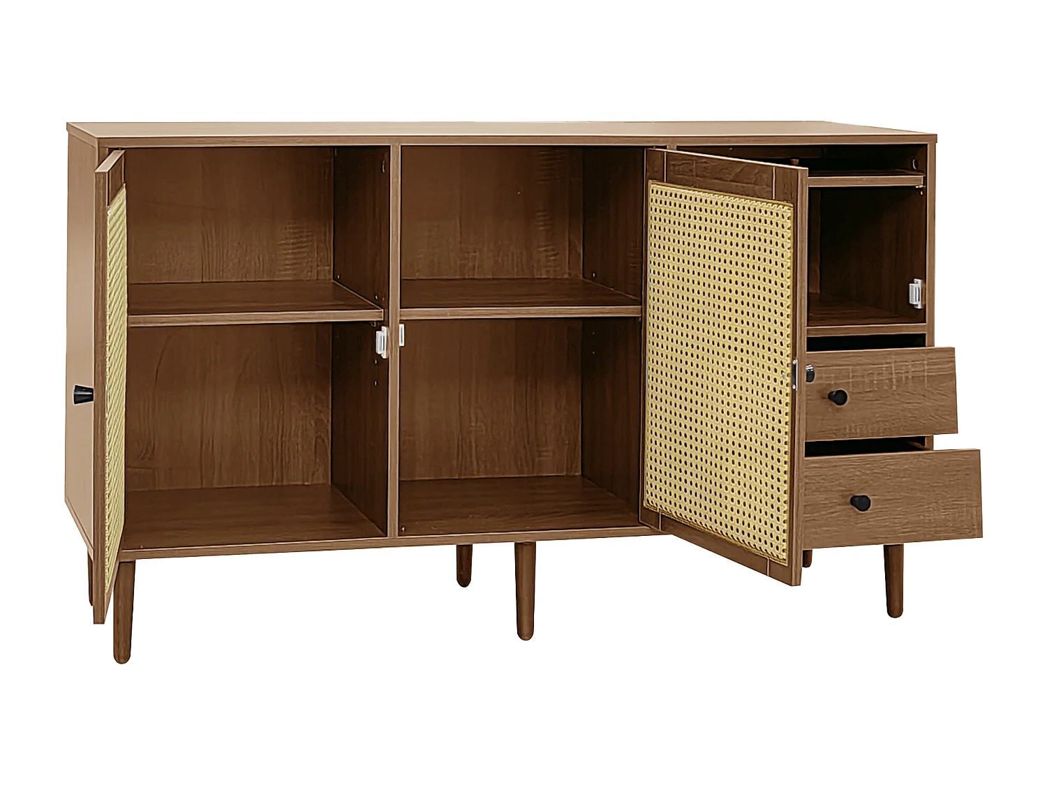 Buffet avec insert en rotin, avec 3 portes et 2 tiroirs irréguliers, 130 x 40 x 75,5 cm, Bois foncé