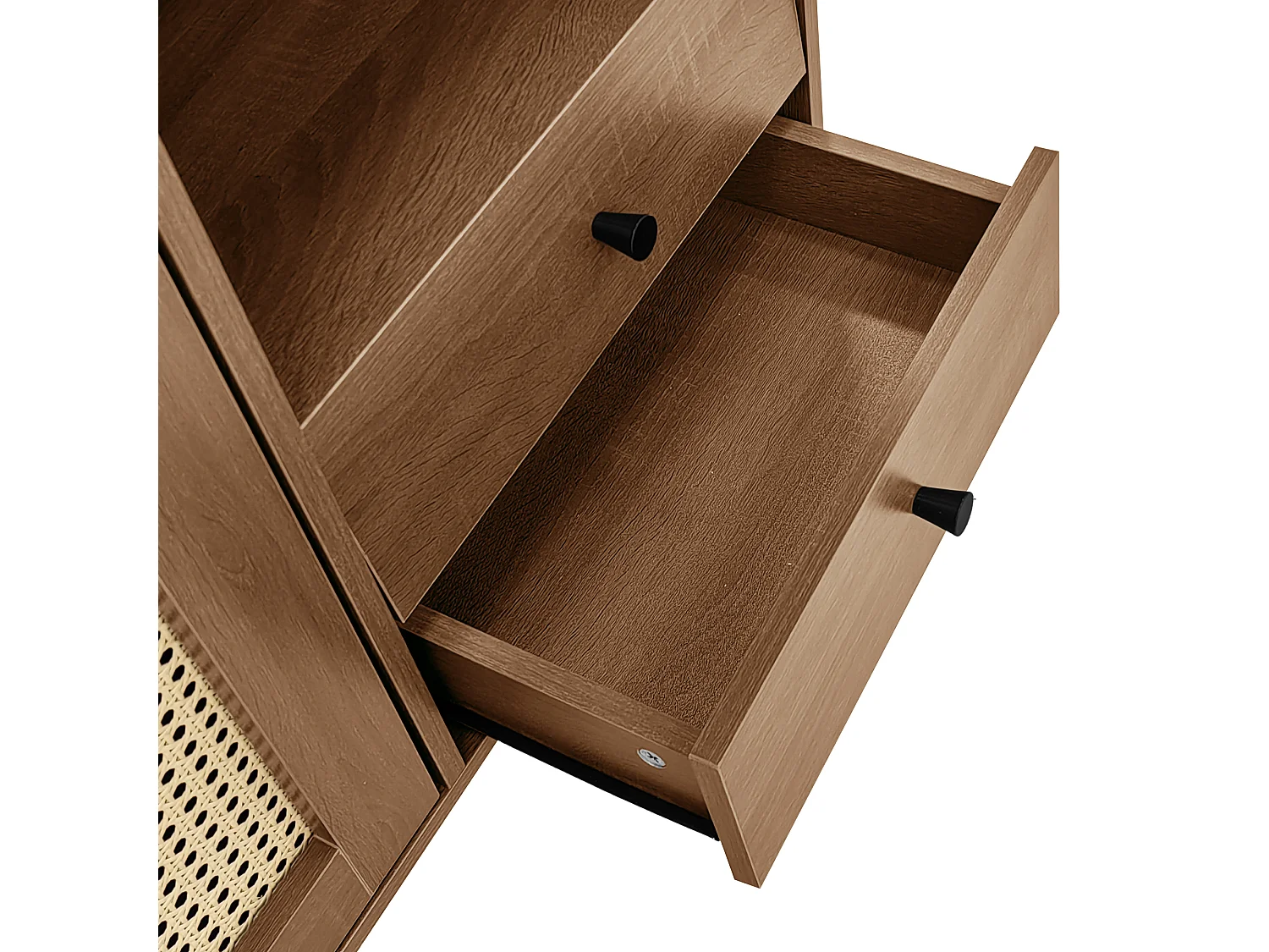 Buffet avec insert en rotin, avec 3 portes et 2 tiroirs irréguliers, 130 x 40 x 75,5 cm, Bois foncé