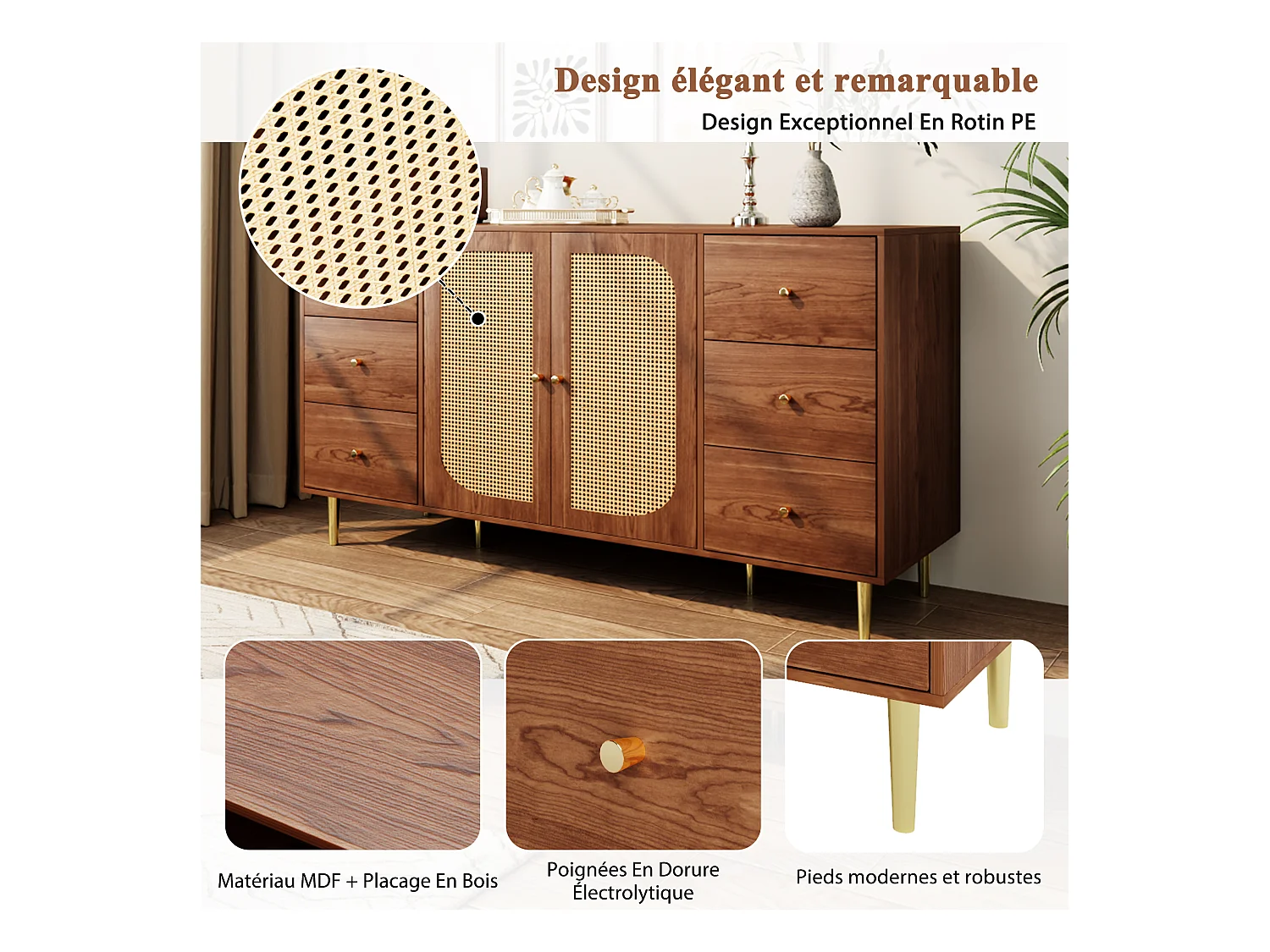 Buffet avec 2 portes rotin et 6 tiroirs - 160 x 40 x 90 cm - Pour cuisine, maison - Marron