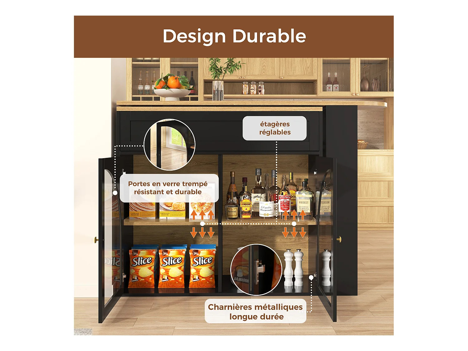 Buffet de cuisine extensible, table bar pivotante 360° avec rangement, étagères en verre, Noir