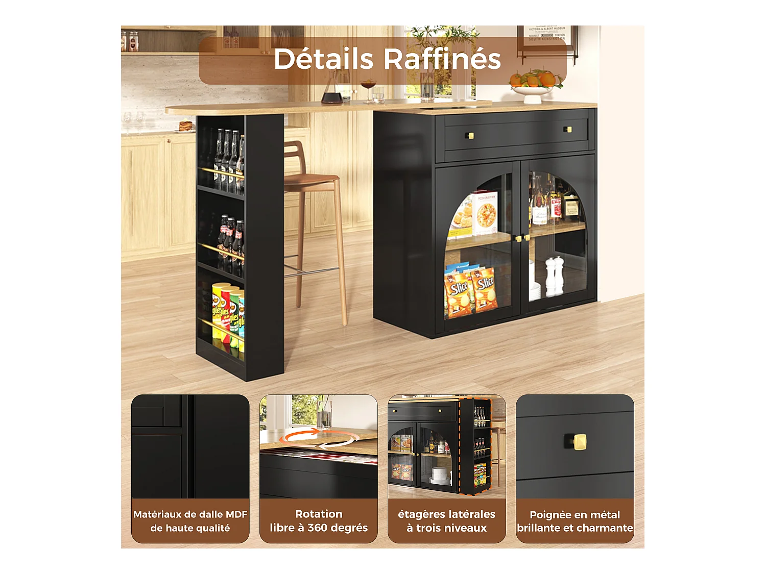 Buffet de cuisine extensible, table bar pivotante 360° avec rangement, étagères en verre, Noir
