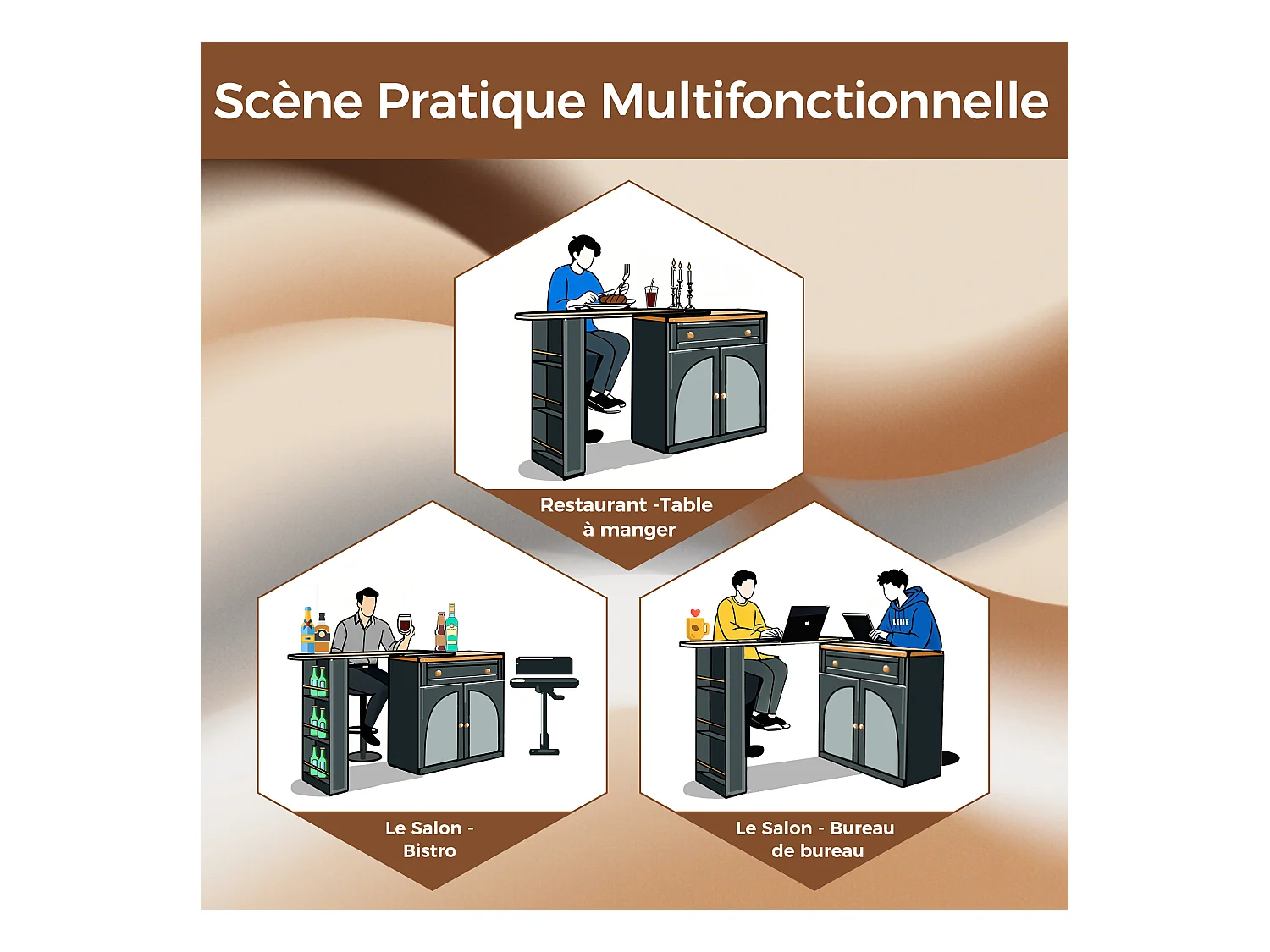 Buffet de cuisine extensible, table bar pivotante 360° avec rangement, étagères en verre, Noir