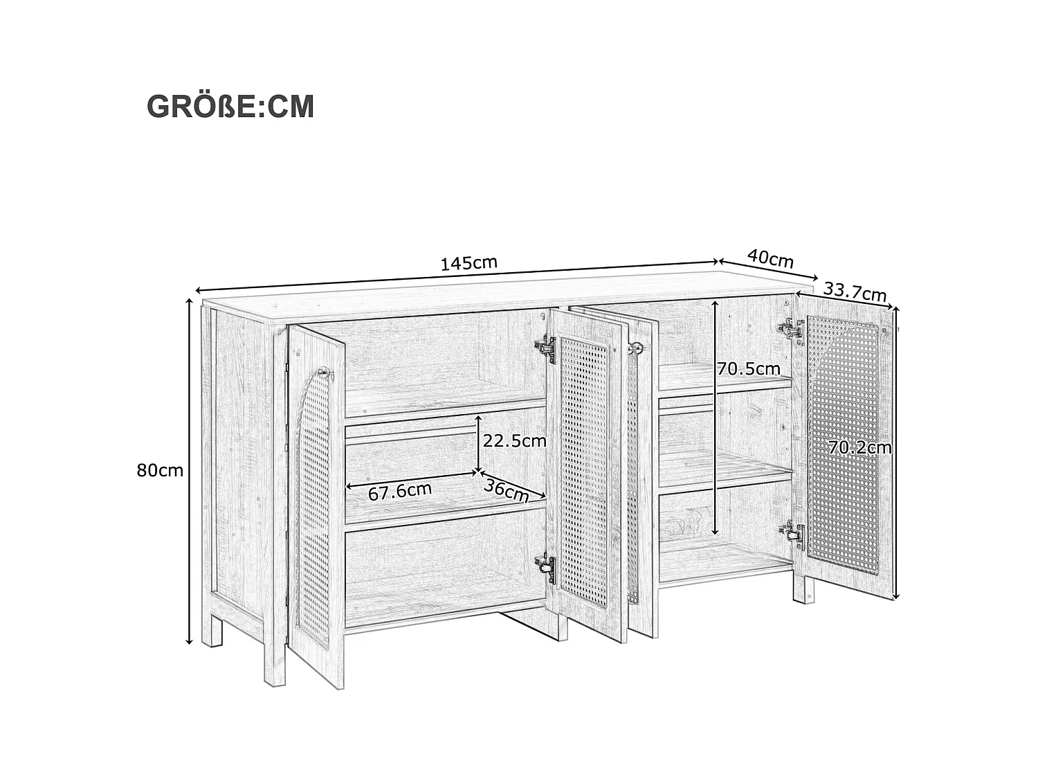 Buffet avec 4 portes en rotin - 145 x 40 x 80 cm - avec étagères réglables - Noir