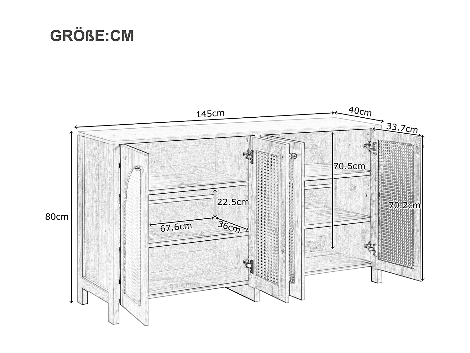 Buffet avec 4 portes en rotin - 145 x 40 x 80 cm - avec étagères réglables - Noir