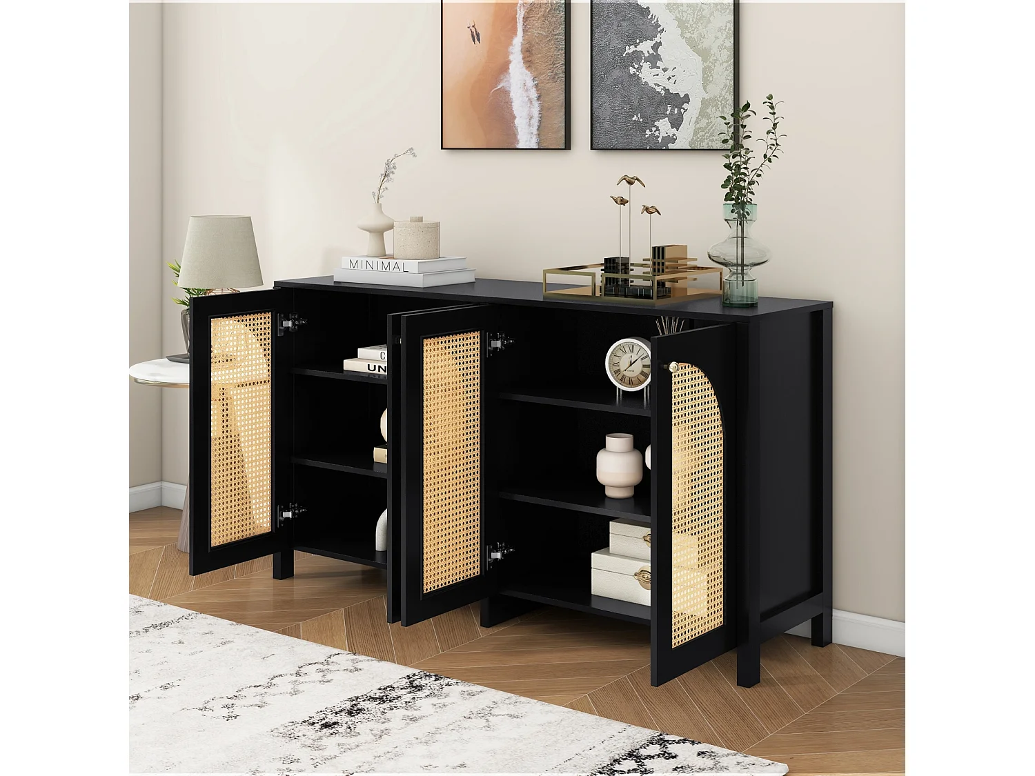 Buffet avec 4 portes en rotin - 145 x 40 x 80 cm - avec étagères réglables - Noir