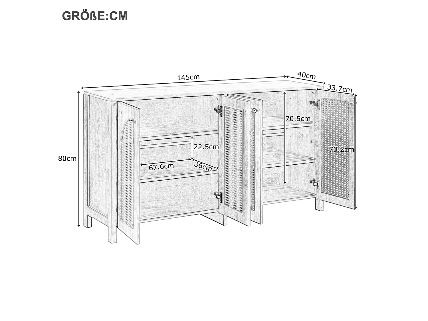 Dressoir met 4 rotandeuren - 145 x 40 x 80 cm - met verstelbare planken - Zwart