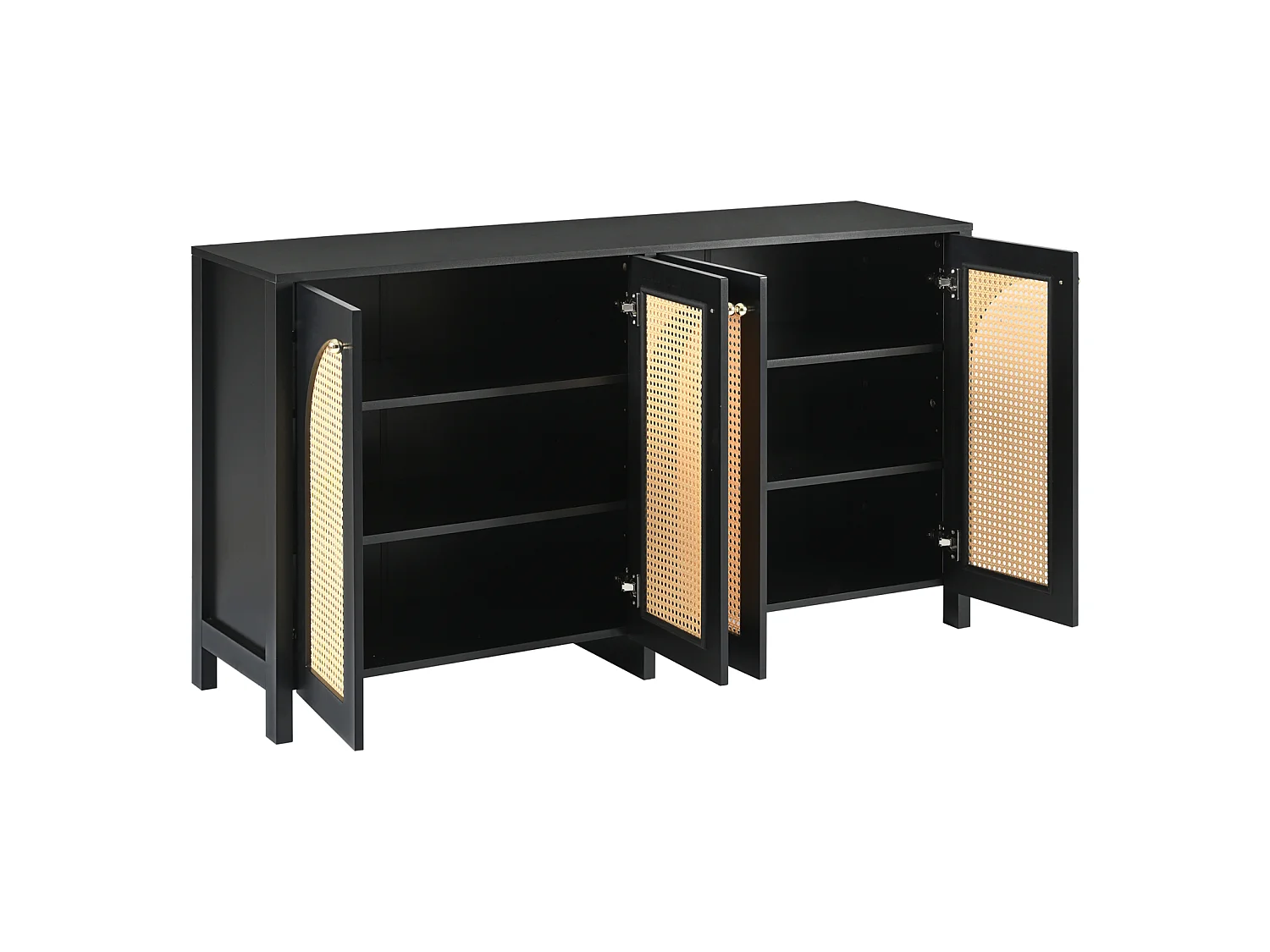 Dressoir met 4 rotandeuren - 145 x 40 x 80 cm - met verstelbare planken - Zwart
