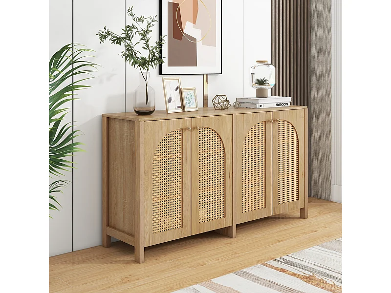 Buffet avec 4 portes en rotin - 145 x 40 x 80 cm - avec étagères réglables - coloris naturel