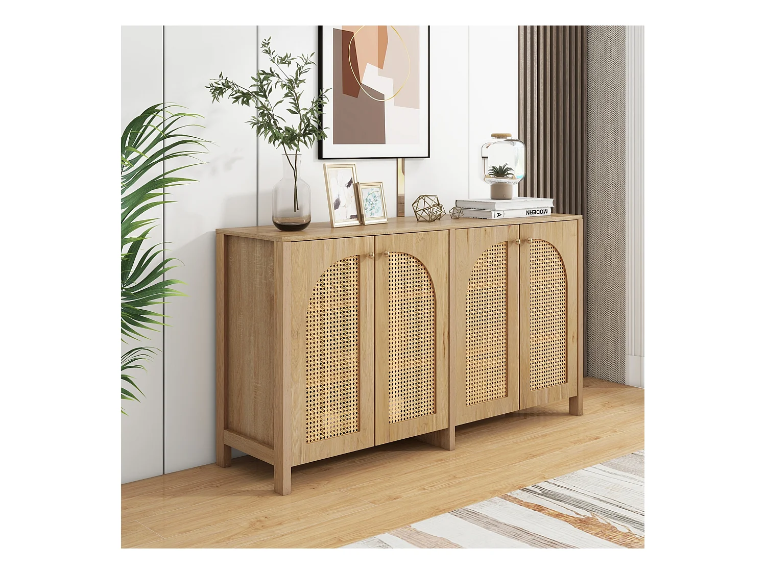 Buffet avec 4 portes en rotin - 145 x 40 x 80 cm - avec étagères réglables - coloris naturel