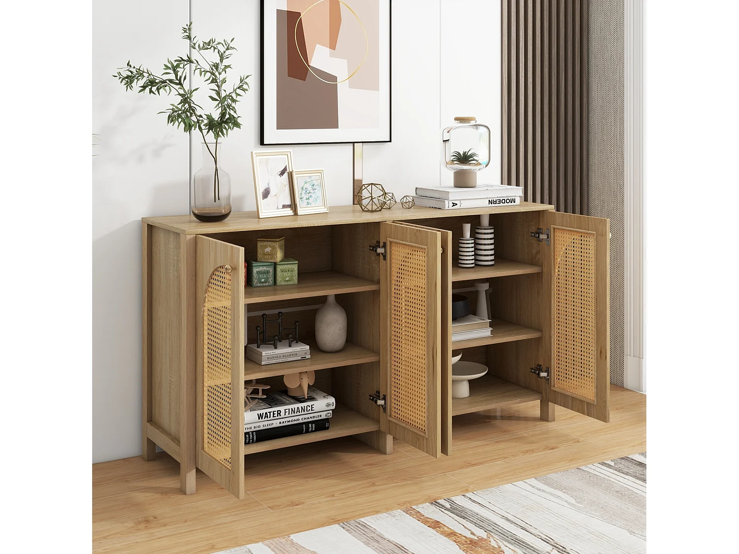 Buffet avec 4 portes en rotin - 145 x 40 x 80 cm - avec étagères réglables - coloris naturel