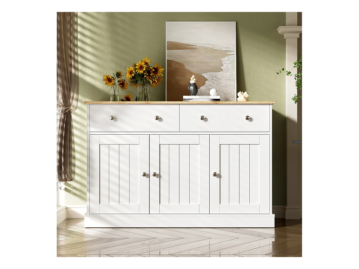 Buffet Bahut de Salon Elégant, Armoire de Cuisine avec 3 Portes 2 Tiroirs, Décor chêne et Blanc