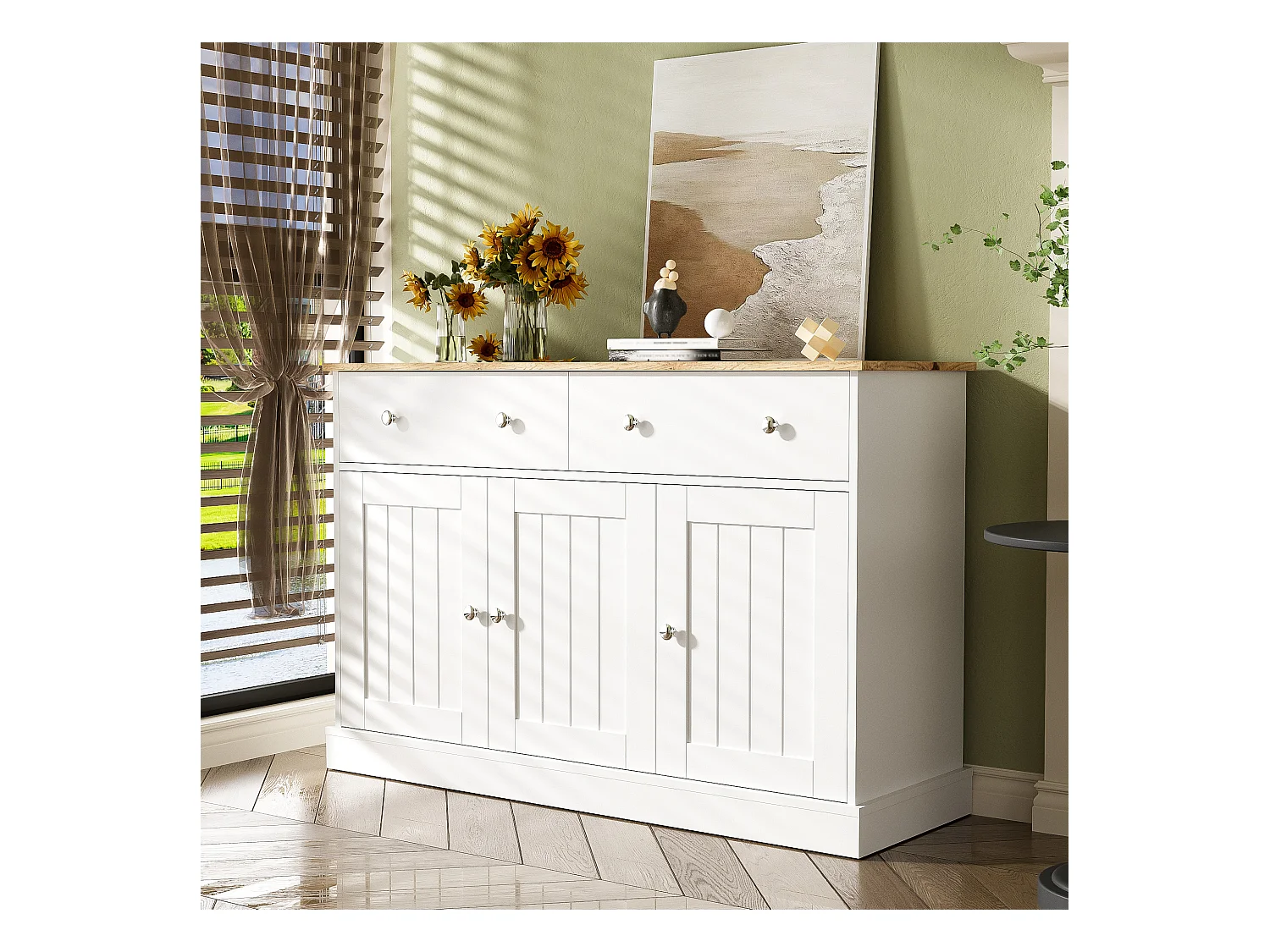 Buffet Bahut de Salon Elégant, Armoire de Cuisine avec 3 Portes 2 Tiroirs, Décor chêne et Blanc