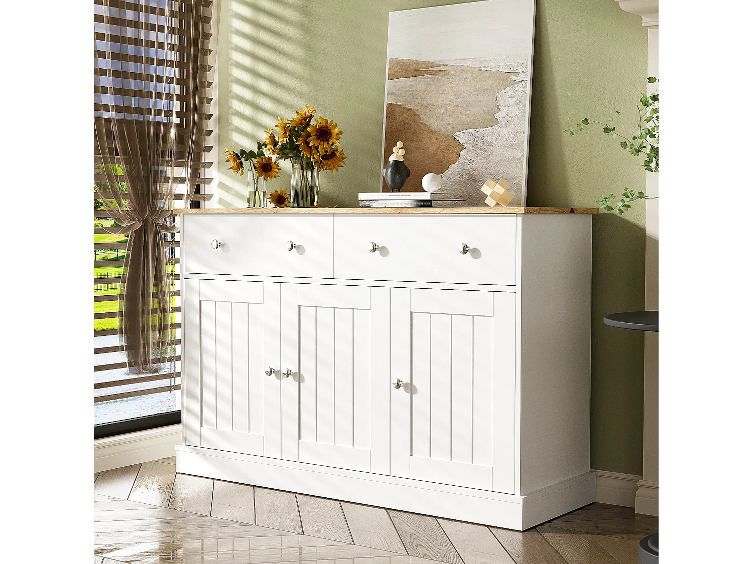 Elegante credenza per soggiorno, mobile da cucina con 3 ante e 2 cassetti, decorazioni in rovere e bianco