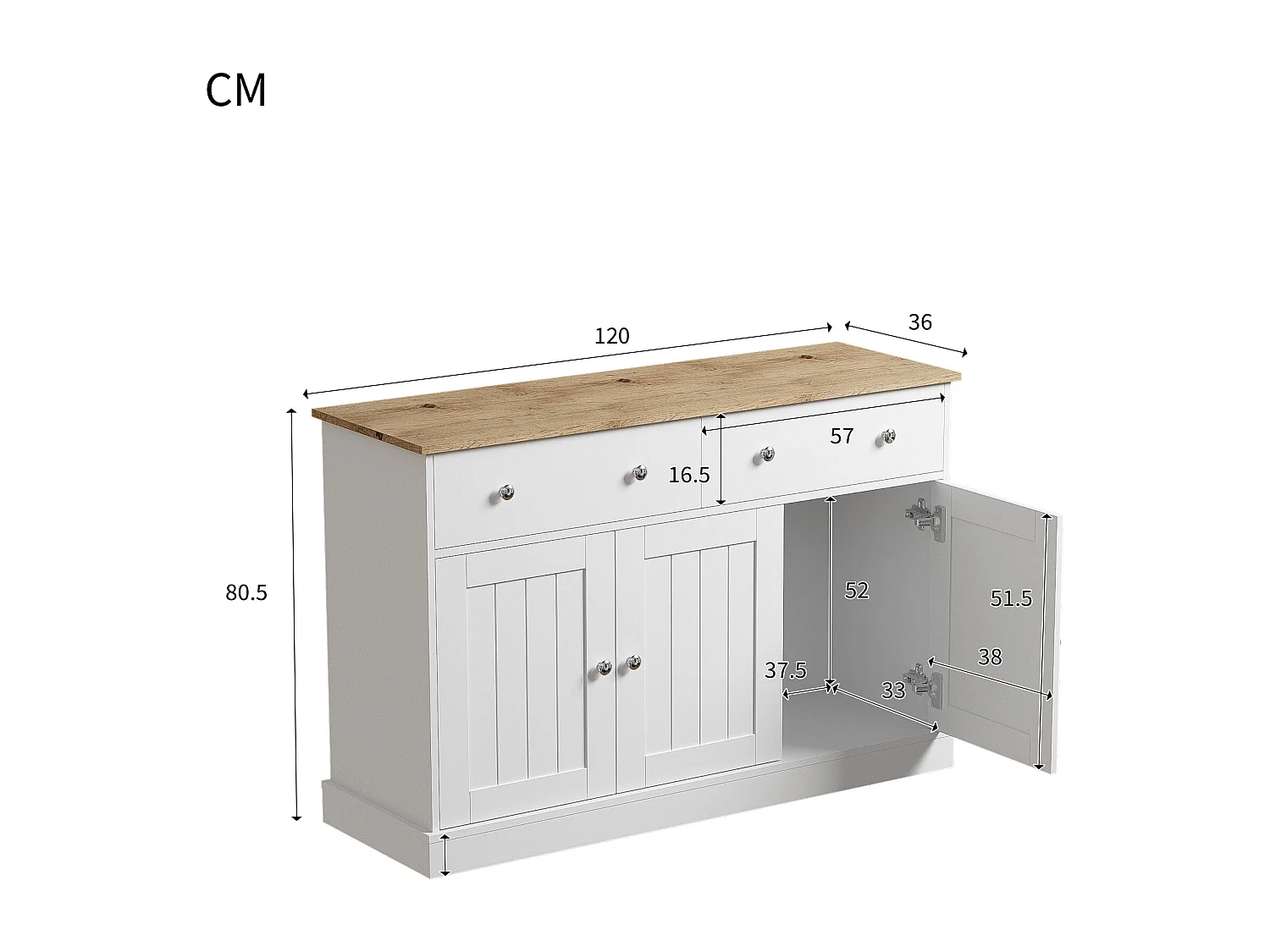 Elegante credenza per soggiorno, mobile da cucina con 3 ante e 2 cassetti, decorazioni in rovere e bianco