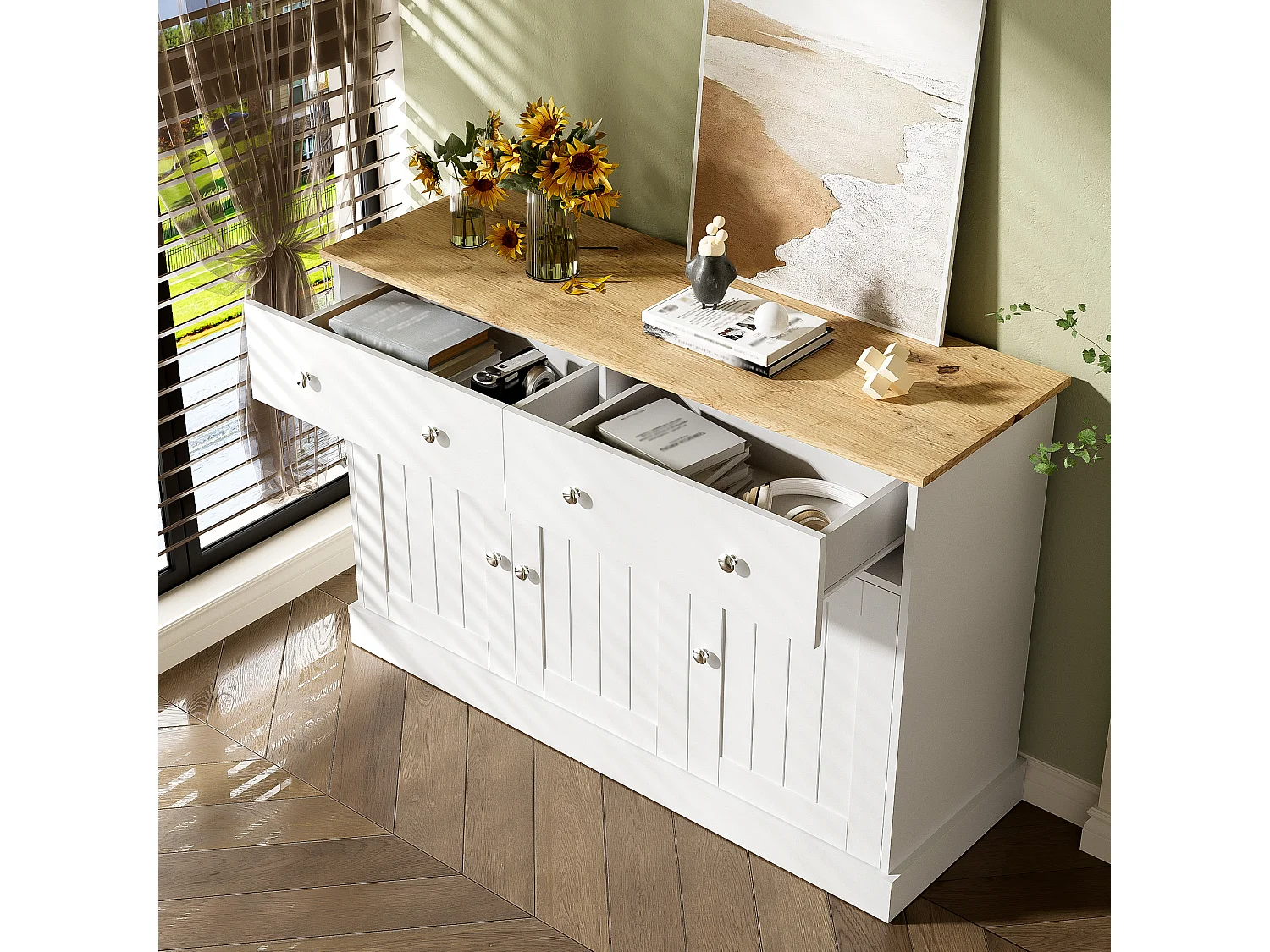 Elegante credenza per soggiorno, mobile da cucina con 3 ante e 2 cassetti, decorazioni in rovere e bianco
