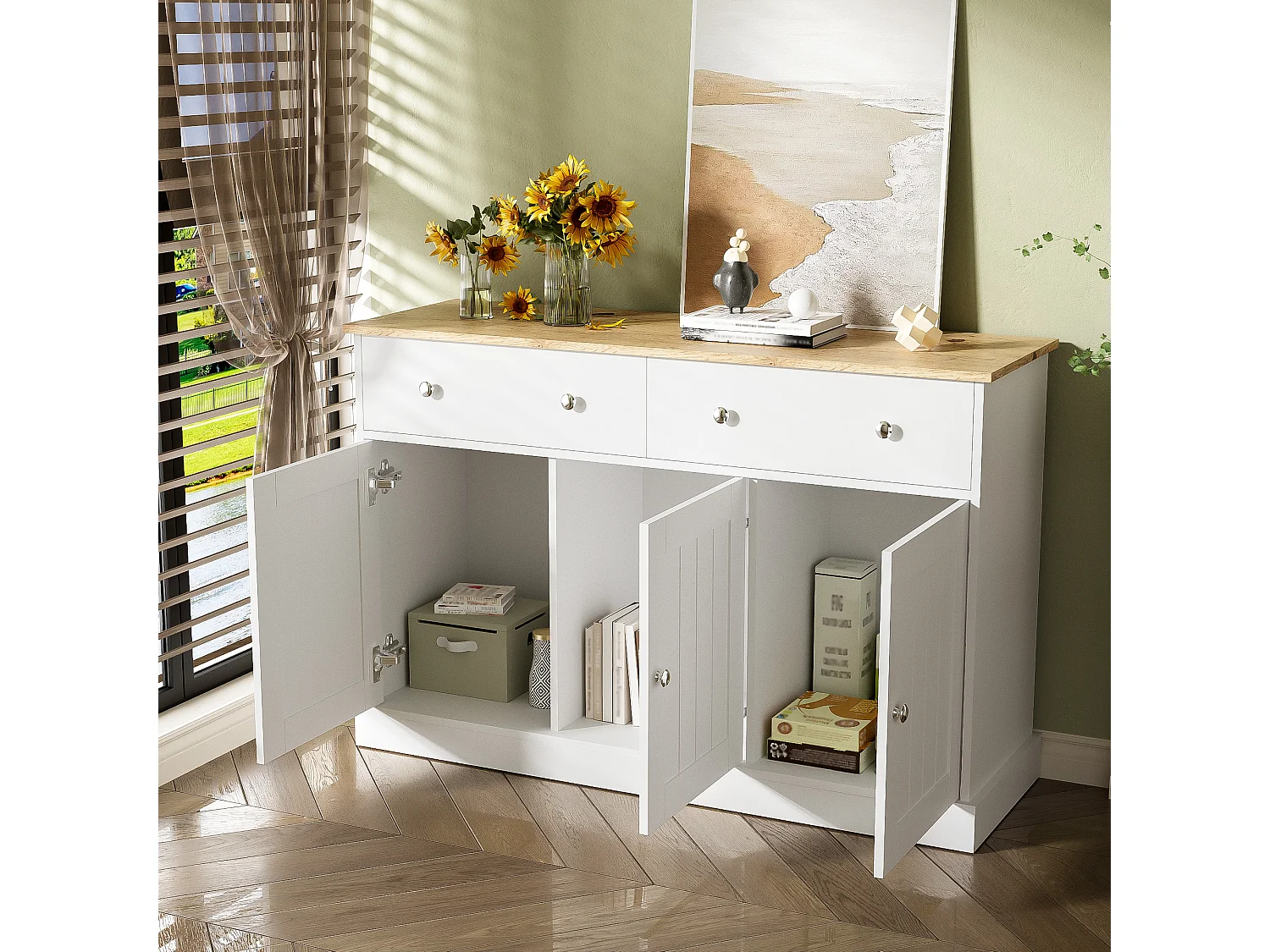 Elegante credenza per soggiorno, mobile da cucina con 3 ante e 2 cassetti, decorazioni in rovere e bianco