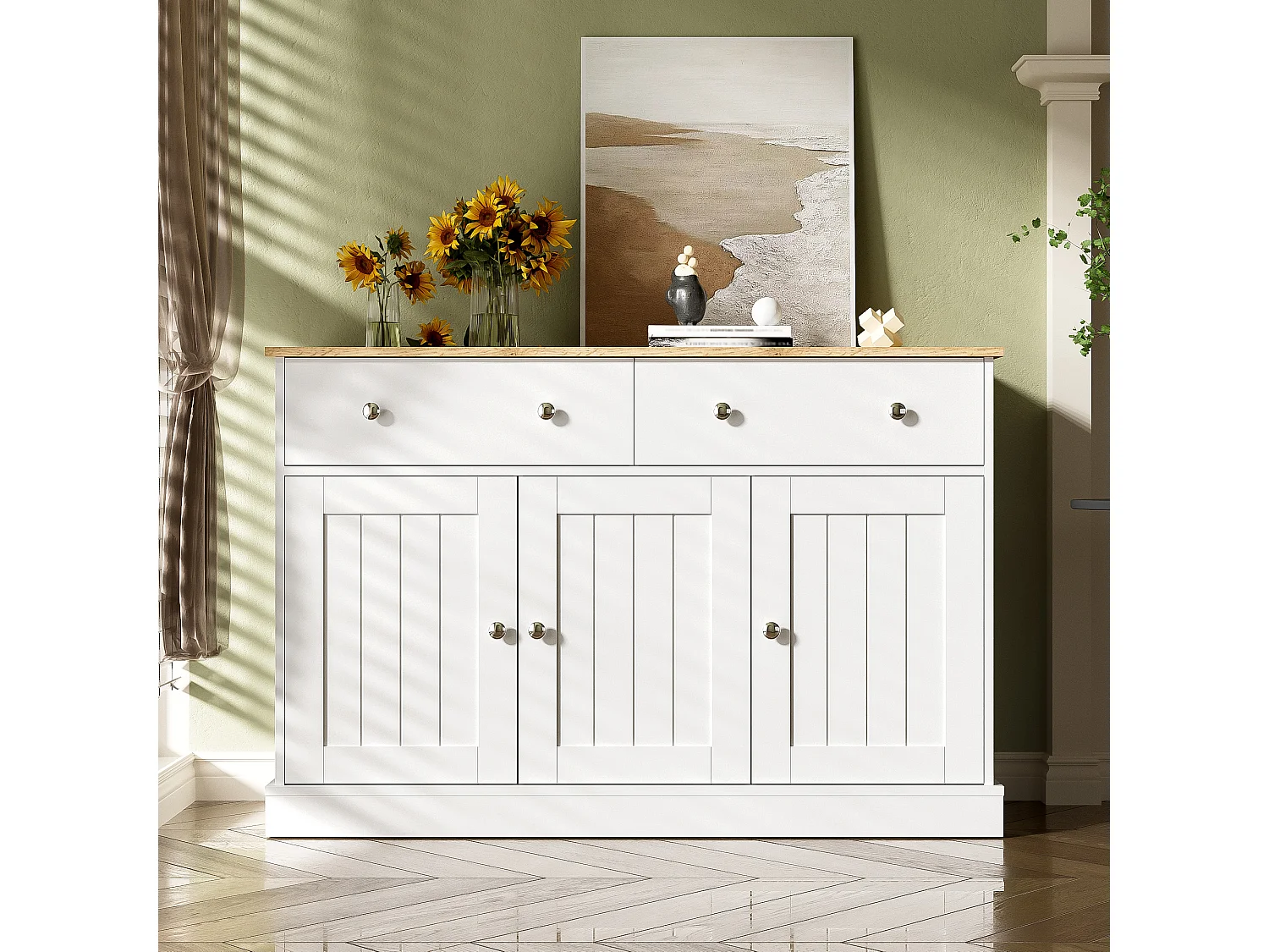 Elegante credenza per soggiorno, mobile da cucina con 3 ante e 2 cassetti, decorazioni in rovere e bianco