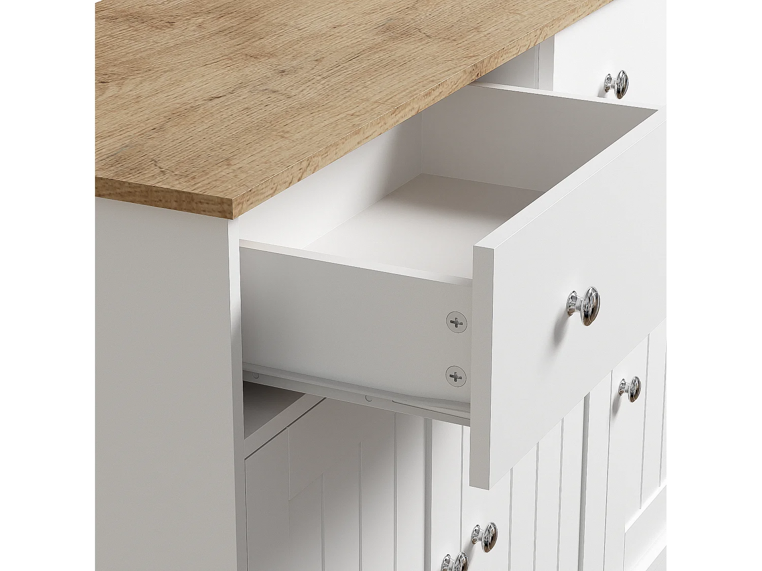 Elegante credenza per soggiorno, mobile da cucina con 3 ante e 2 cassetti, decorazioni in rovere e bianco