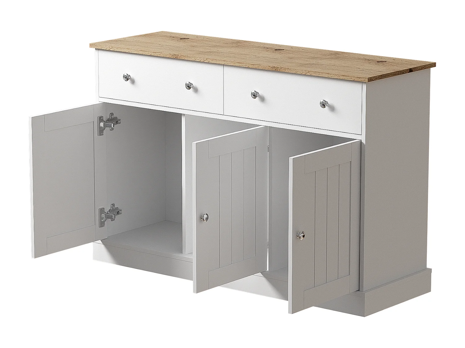 Elegante credenza per soggiorno, mobile da cucina con 3 ante e 2 cassetti, decorazioni in rovere e bianco