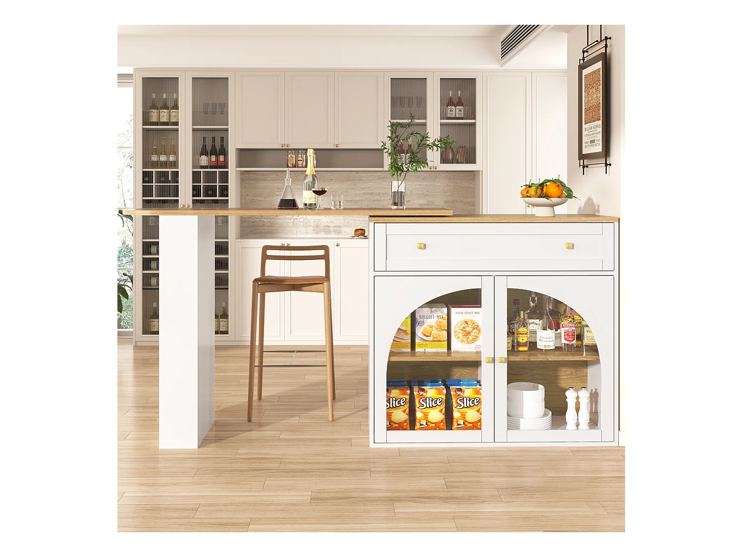 Buffet de cuisine extensible, table bar pivotante 360° avec rangement, étagères en verre, blanc