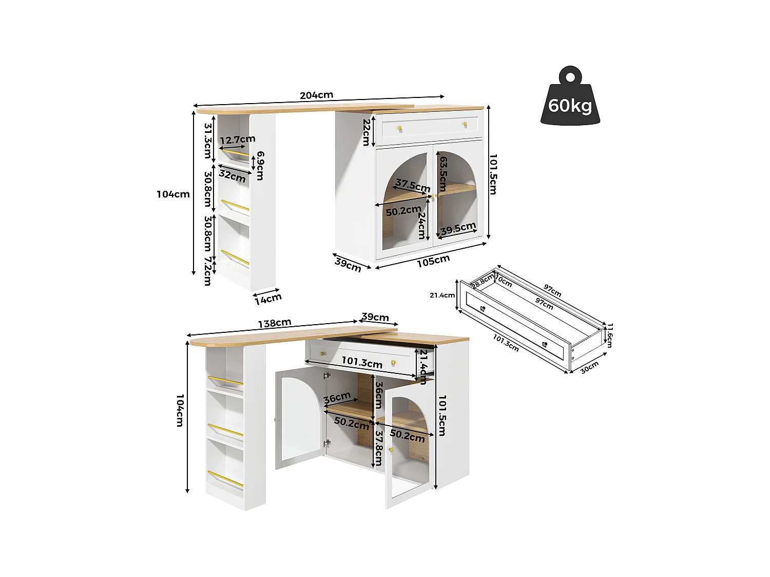 Buffet de cuisine extensible, table bar pivotante 360° avec rangement, étagères en verre, blanc