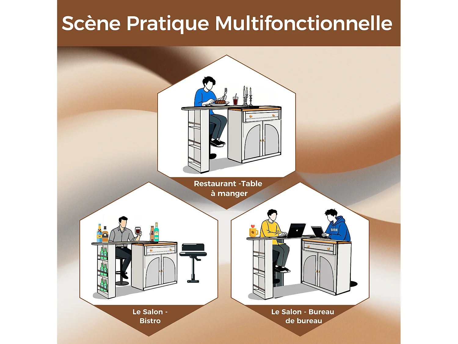 Buffet de cuisine extensible, table bar pivotante 360° avec rangement, étagères en verre, blanc