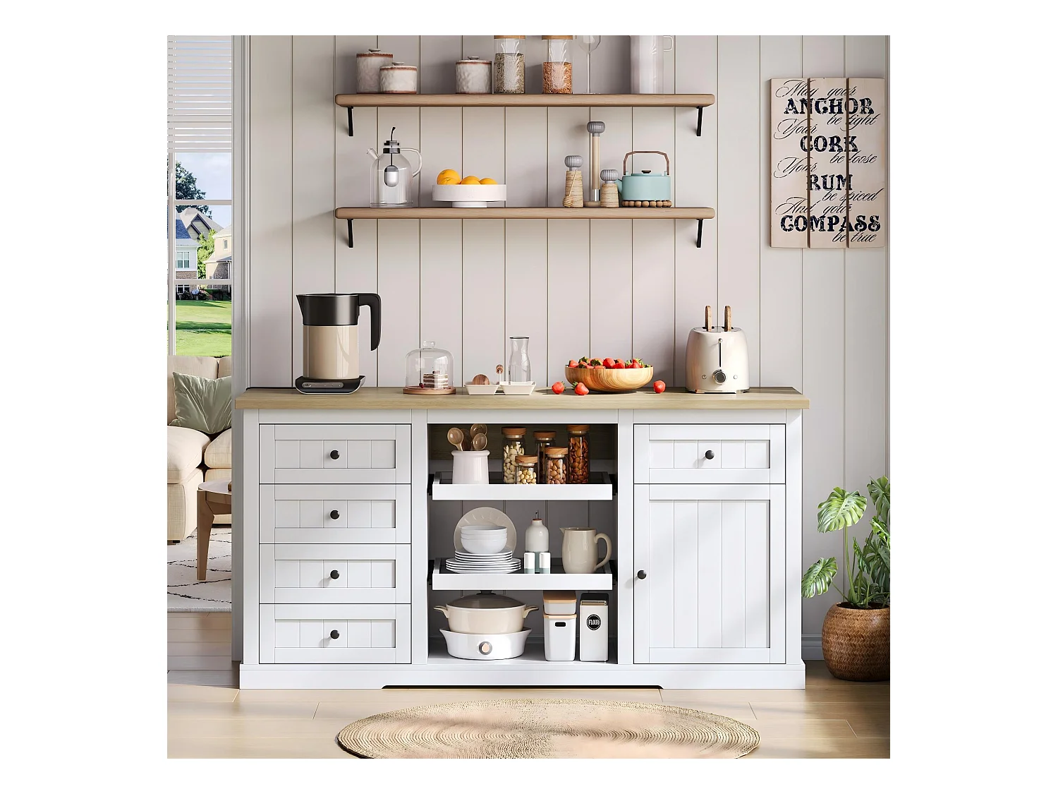 Aparador de cocina, isla central con almacenaje y encimera plegable, 5 cajones, color blanco